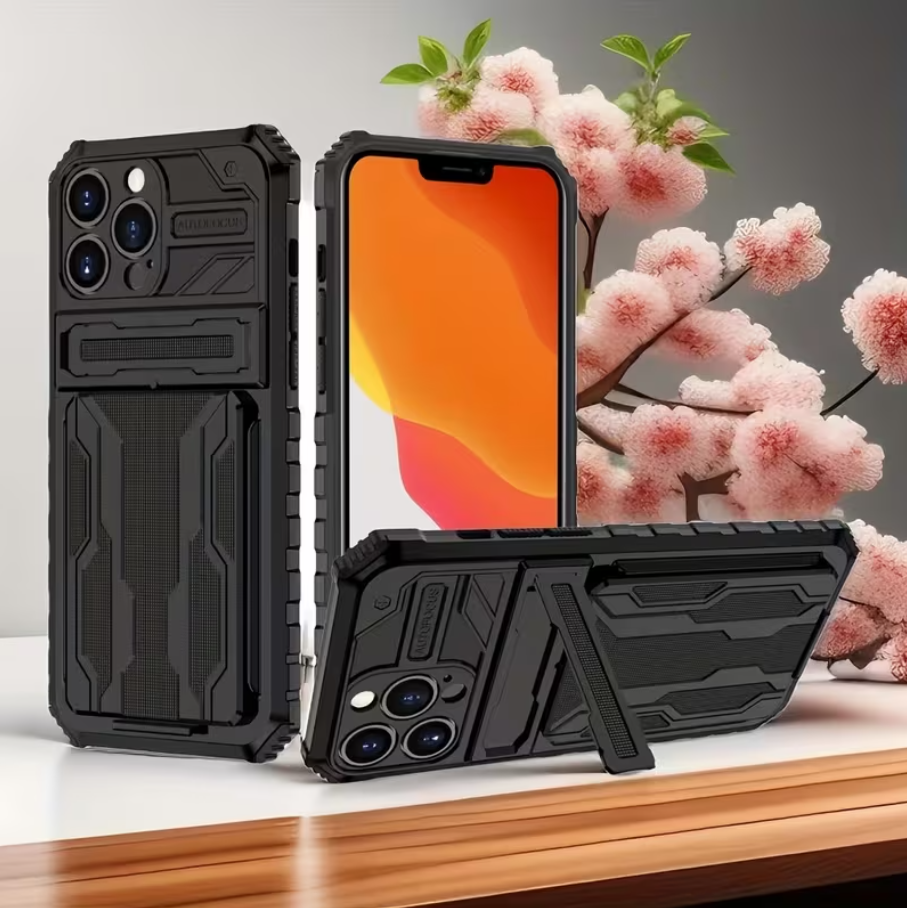iPhone 15 Pro Max Heavy Duty Shockproof case With Card Holder & Kickstand (Black) - ShopHub