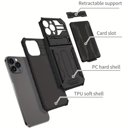 iPhone 15 Pro Max Heavy Duty Shockproof case With Card Holder & Kickstand (Black) - ShopHub