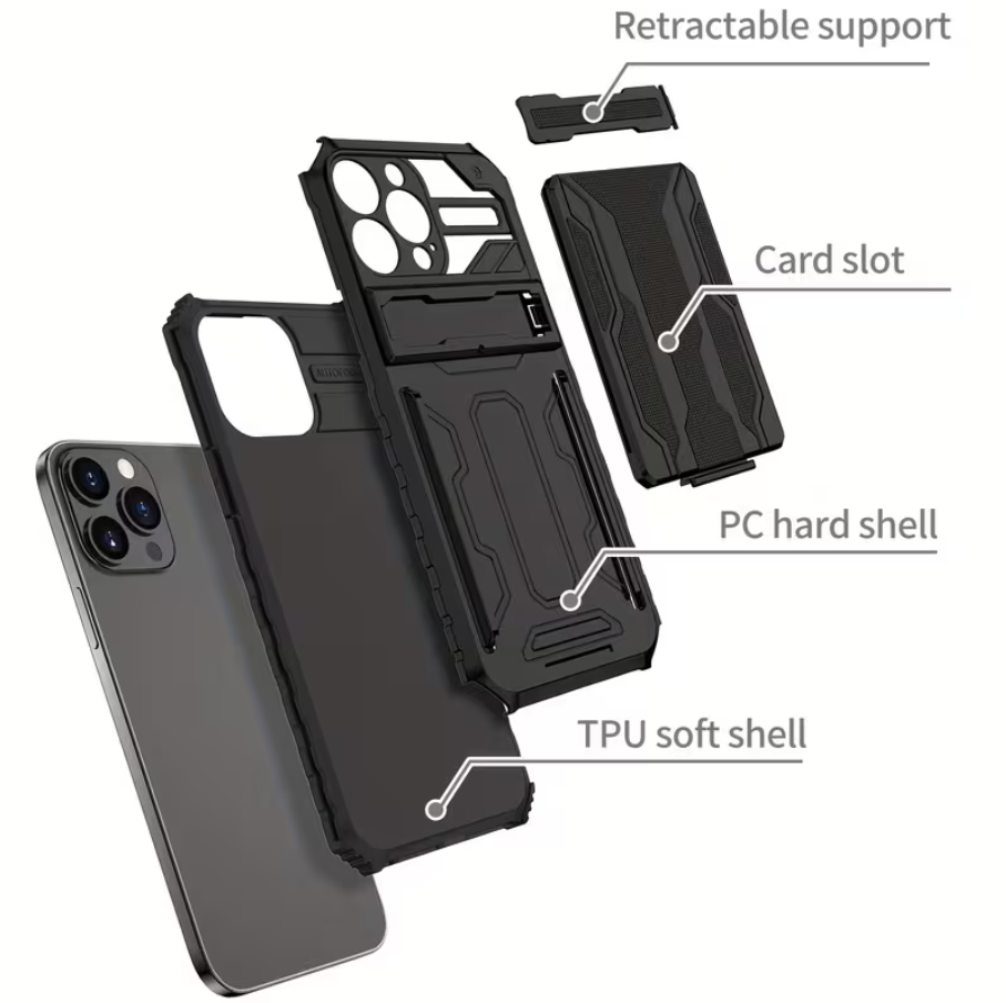 iPhone 15 Pro Heavy Duty Shockproof Case With Card Holder & Kickstand (Black) - ShopHub