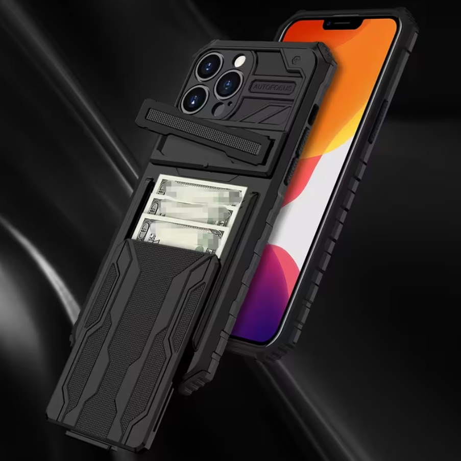iPhone 15 Pro Max Heavy Duty Shockproof case With Card Holder & Kickstand (Black) - ShopHub