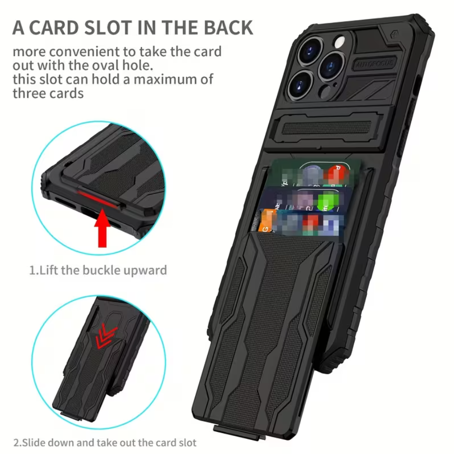 iPhone 15 Pro Heavy Duty Shockproof Case With Card Holder & Kickstand (Black) - ShopHub