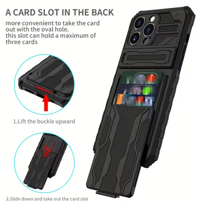 iPhone 15 Pro Heavy Duty Shockproof Case With Card Holder & Kickstand (Black) - ShopHub