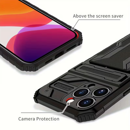 iPhone 15 Pro Heavy Duty Shockproof Case With Card Holder & Kickstand (Black) - ShopHub