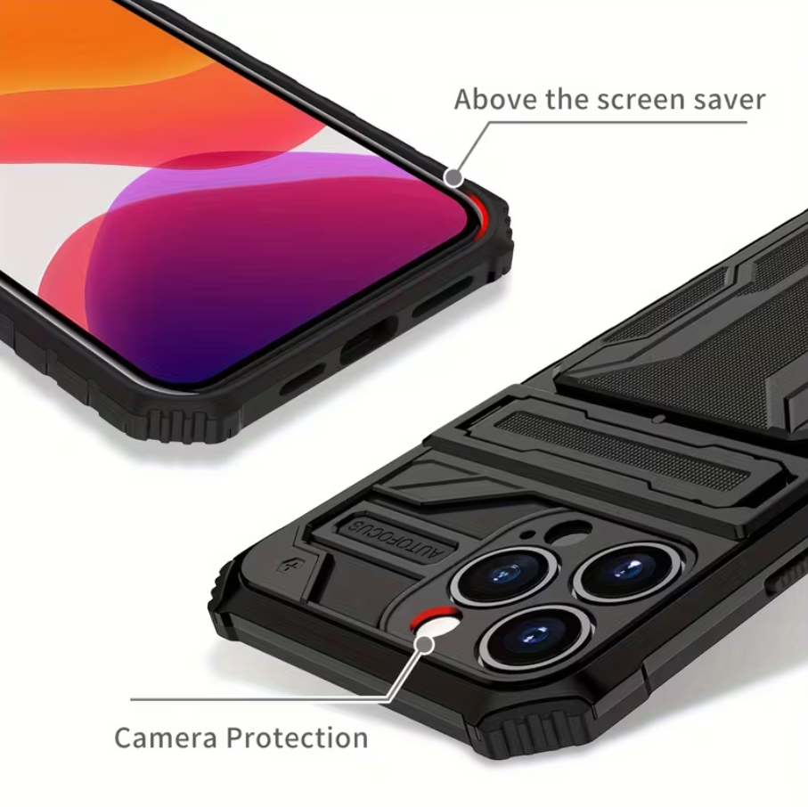 iPhone 15 Pro Max Heavy Duty Shockproof case With Card Holder & Kickstand (Black) - ShopHub