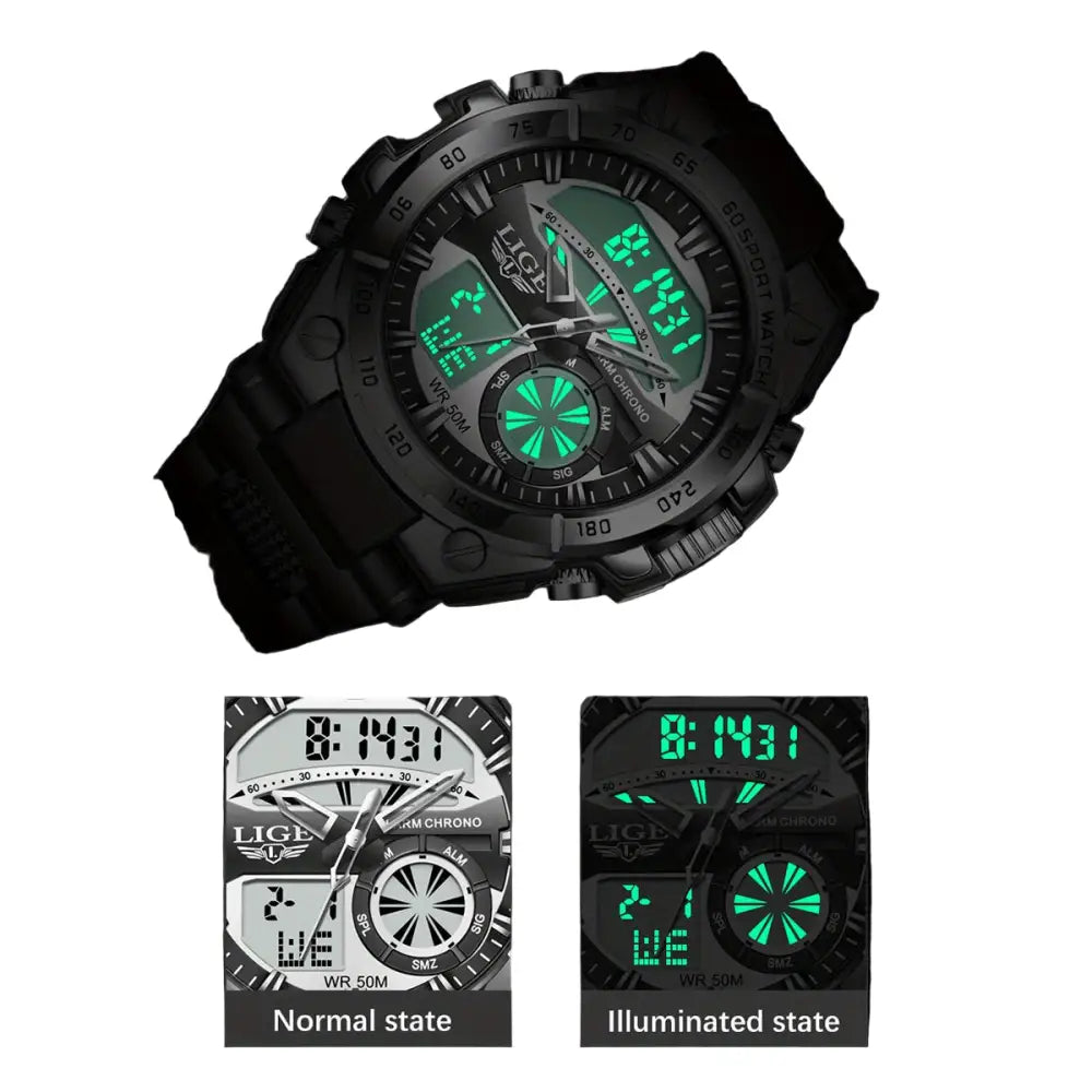 LIGE Men's Digital Sports Watch – LED Display, Quartz Movement, Stopwatch (4 designs available) Habicare