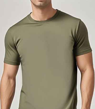 Army green Mead's Supply & Equipment Outfitters solid casual short-sleeve crewneck T-shirt, front view with relaxed fit.