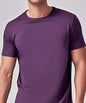 Army green Mead's Supply & Equipment Outfitters solid casual short-sleeve crewneck T-shirt on a hanger.
