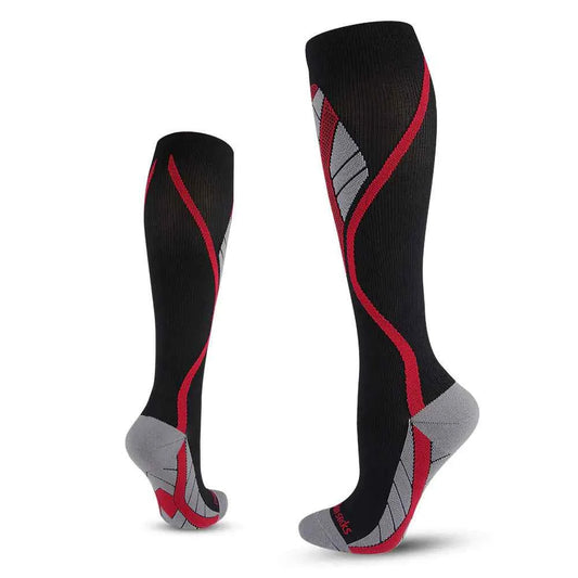 Black and red professional long leg compression socks for cycling by Mead's Supply & Equipment, featuring nylon anti-friction performance fabric.
