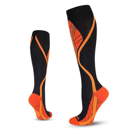 Black and red professional long leg compression socks for cycling by Mead's Supply & Equipment, made of nylon with anti-friction performance.