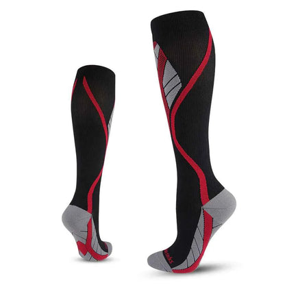 Black and red professional long leg cycling compression socks by Mead's Supply & Equipment Outfitters, made of nylon with anti-friction performance.