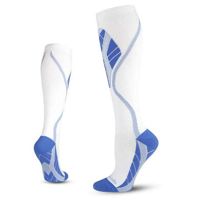 Black and red professional long leg cycling compression socks by Mead's Supply & Equipment, made of nylon with anti-friction performance.