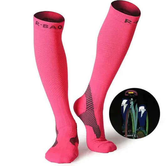 Blue professional long compression socks for running and cycling by Mead's Supply, made of 72% nylon, athletic support.