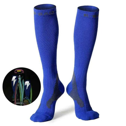 Blue professional long compression socks for running and cycling, made of 72% nylon, from Mead's Supply & Equipment Outfitters.