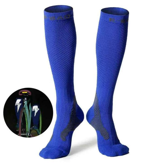 Blue professional long compression socks for running and cycling, made of 72% nylon, from Mead's Supply & Equipment Outfitters.