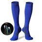Blue professional long compression socks for running and cycling, made of 72% nylon, from Mead's Supply & Equipment Outfitters.
