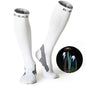 Blue professional long compression socks by Mead's Supply & Equipment for running and cycling, made of 72% nylon athletic support.