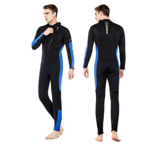Blue unisex one-piece neoprene wetsuit by Mead's Supply & Equipment Outfitters, designed for warm surfing and diving all seasons.
