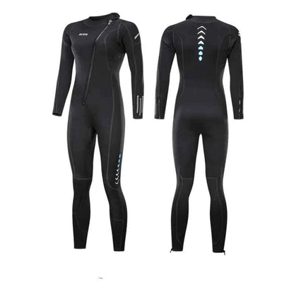 Blue one-piece neoprene wetsuit by Mead's Supply for surfing and diving, unisex athletic wear, suitable for all seasons.