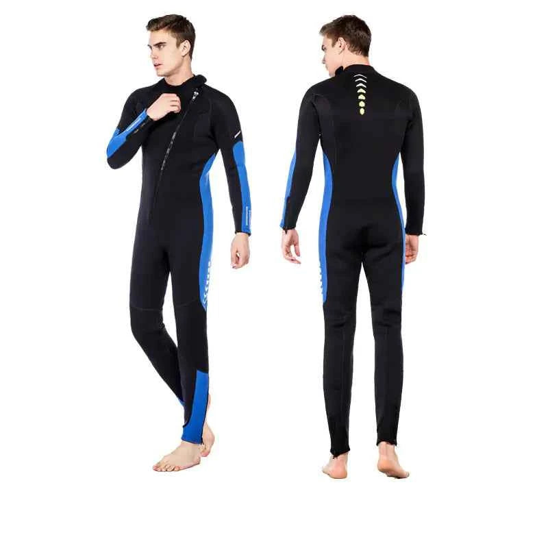 Blue unisex one-piece neoprene wetsuit by Mead's Supply & Equipment Outfitters, designed for warm surfing and diving in all seasons.