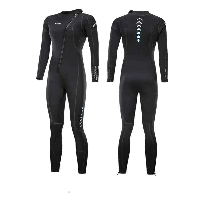 Blue one-piece neoprene wetsuit by Mead's Supply for warm surfing and diving, unisex athletic wear suitable for all seasons.
