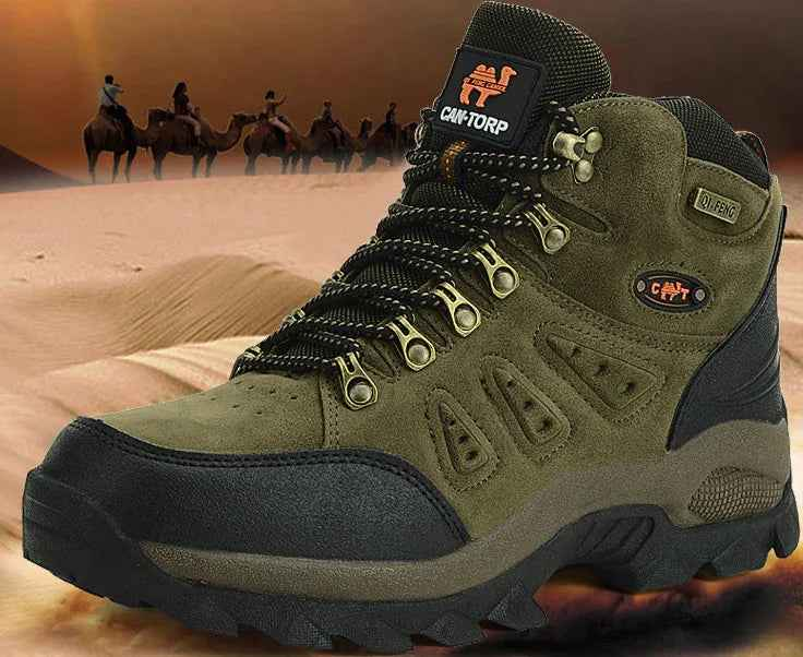 Unisex high-top outdoor hiking shoes by Mead's Supply & Equipment, waterproof trail boots in brown and orange for all terrain.