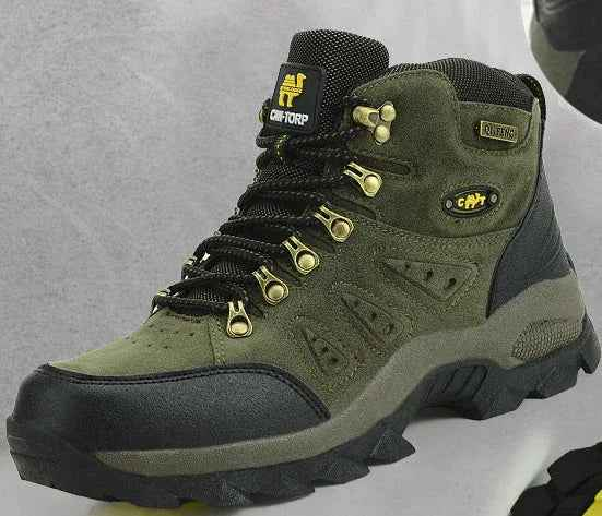 Unisex high-top outdoor hiking shoes by Mead's Supply & Equipment Outfitters, waterproof trail boots in brown and orange for all terrain.