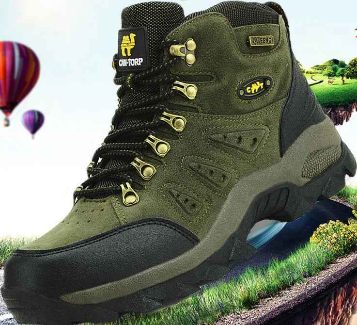 Unisex high-top outdoor hiking shoes by Mead's Supply & Equipment, waterproof trail boots in brown and orange for all-terrain hiking.