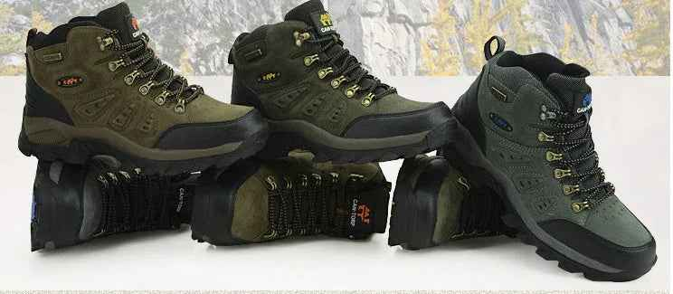 Brown and orange unisex high-top outdoor hiking shoes by Mead's Supply & Equipment Outfitters, waterproof trail boots for all terrain.