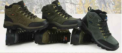 Brown and orange unisex high-top outdoor hiking shoes by Mead's Supply & Equipment Outfitters, waterproof trail boots for all terrain.