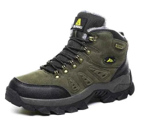 Unisex high-top outdoor hiking shoes by Mead's Supply & Equipment, waterproof trail boots in brown and orange for all terrain.