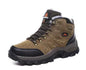 Unisex high-top outdoor hiking shoes by Mead's Supply & Equipment, waterproof trail boots in brown and orange for all-terrain hiking.