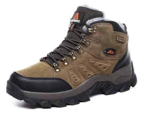 Unisex high-top outdoor hiking shoes by Mead's Supply & Equipment, waterproof trail boots in brown and orange for all terrain.