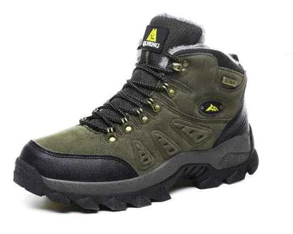 Unisex high-top waterproof hiking shoes in brown and orange from Mead's Supply & Equipment Outfitters, designed for all-terrain outdoor adventures.