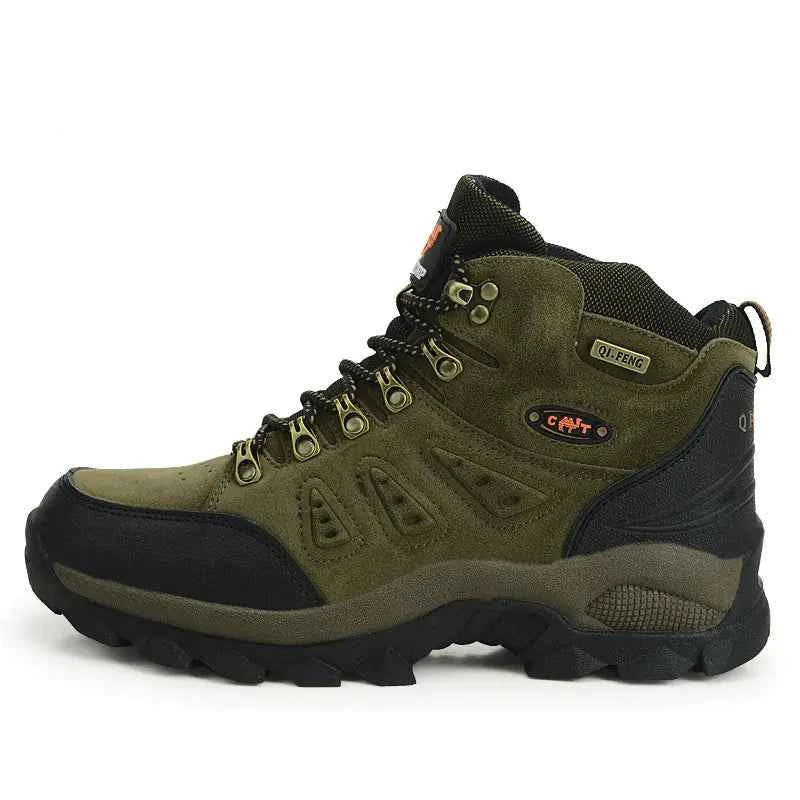 Unisex high-top outdoor hiking shoes by Mead's Supply & Equipment Outfitters, waterproof trail boots in brown and orange for all terrains
