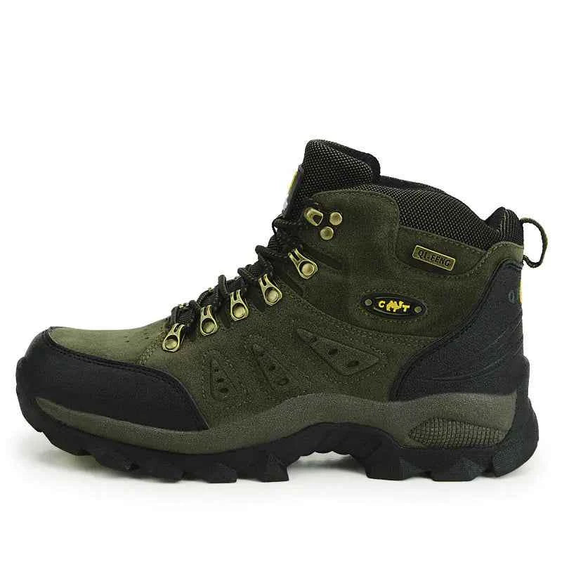 Unisex high-top outdoor hiking shoes by Mead's Supply & Equipment Outfitters, waterproof trail boots in brown and orange for all terrain.