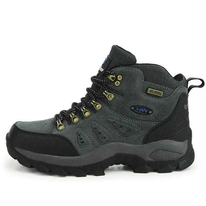 Unisex high-top outdoor hiking shoes by Mead's Supply & Equipment Outfitters in brown and orange, waterproof trail boots for all terrain.
