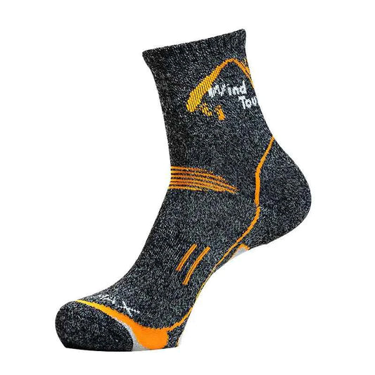 Dark grey men's and women's athletic hiking basketball socks by Mead's Supply & Equipment, sweat-absorbing polyester mid-calf design.