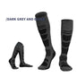 Over-the-knee wool hiking socks by Mead's Supply & Equipment, dark grey and black, brushed high tube trail socks for outdoor adventures.
