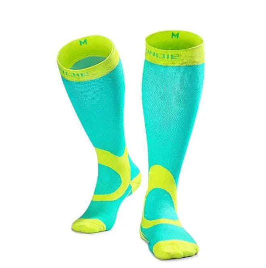 Green Mead's Supply compression socks for cycling, running, and sports, made of nylon athletic support material.