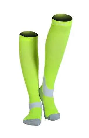 Green Mead's Supply athletic compression socks for cycling, running, and sports, made of nylon for marathon support.