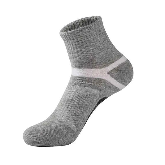 Light gray men's outdoor sports socks by Mead's Supply & Equipment Outfitters, durable 75% cotton crew socks for hiking and basketball.