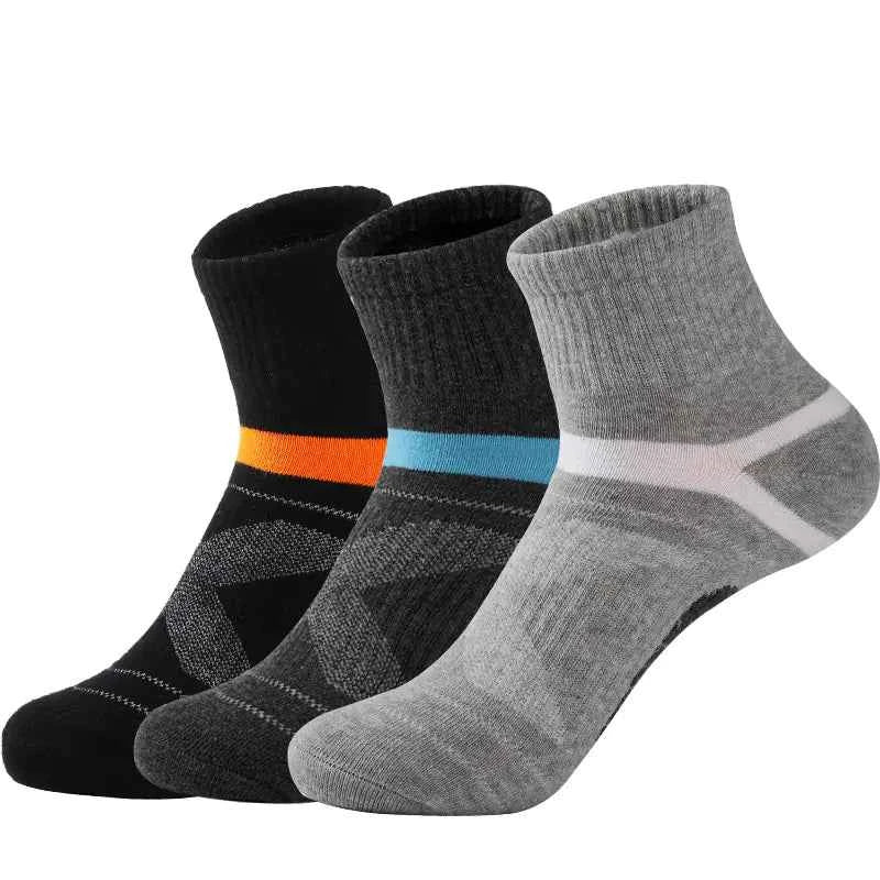 Light gray men's outdoor sports socks by Mead's Supply & Equipment, durable 75% cotton crew socks for hiking and basketball.