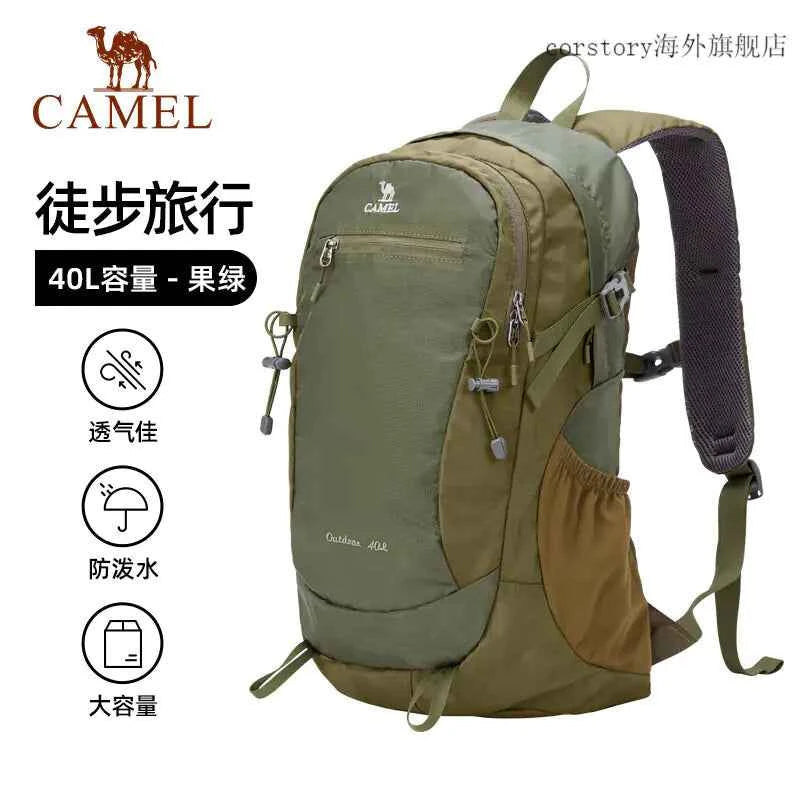 Camel outdoor backpack for hiking and camping by Mead's Supply & Equipment Outfitters, featuring a green 40L design with multiple compartments.