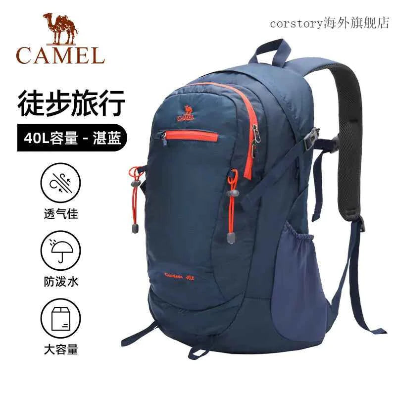 Camel outdoor backpack by Mead's Supply & Equipment Outfitters, green 40L hiking and camping backpack with multiple compartments