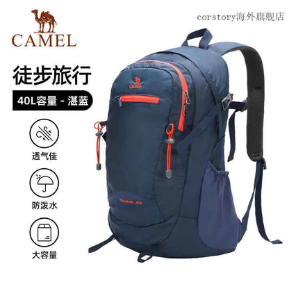 Camel outdoor backpack by Mead's Supply & Equipment Outfitters, green 40L hiking and camping backpack with multiple compartments