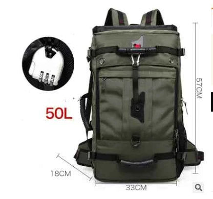 Army green 50L Oxford fabric hiking backpack with large capacity and durable construction, ideal for outdoor travel and adventures.