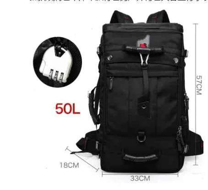 Army green 50L Oxford fabric hiking backpack with large capacity, durable construction, ideal for outdoor travel and adventure.