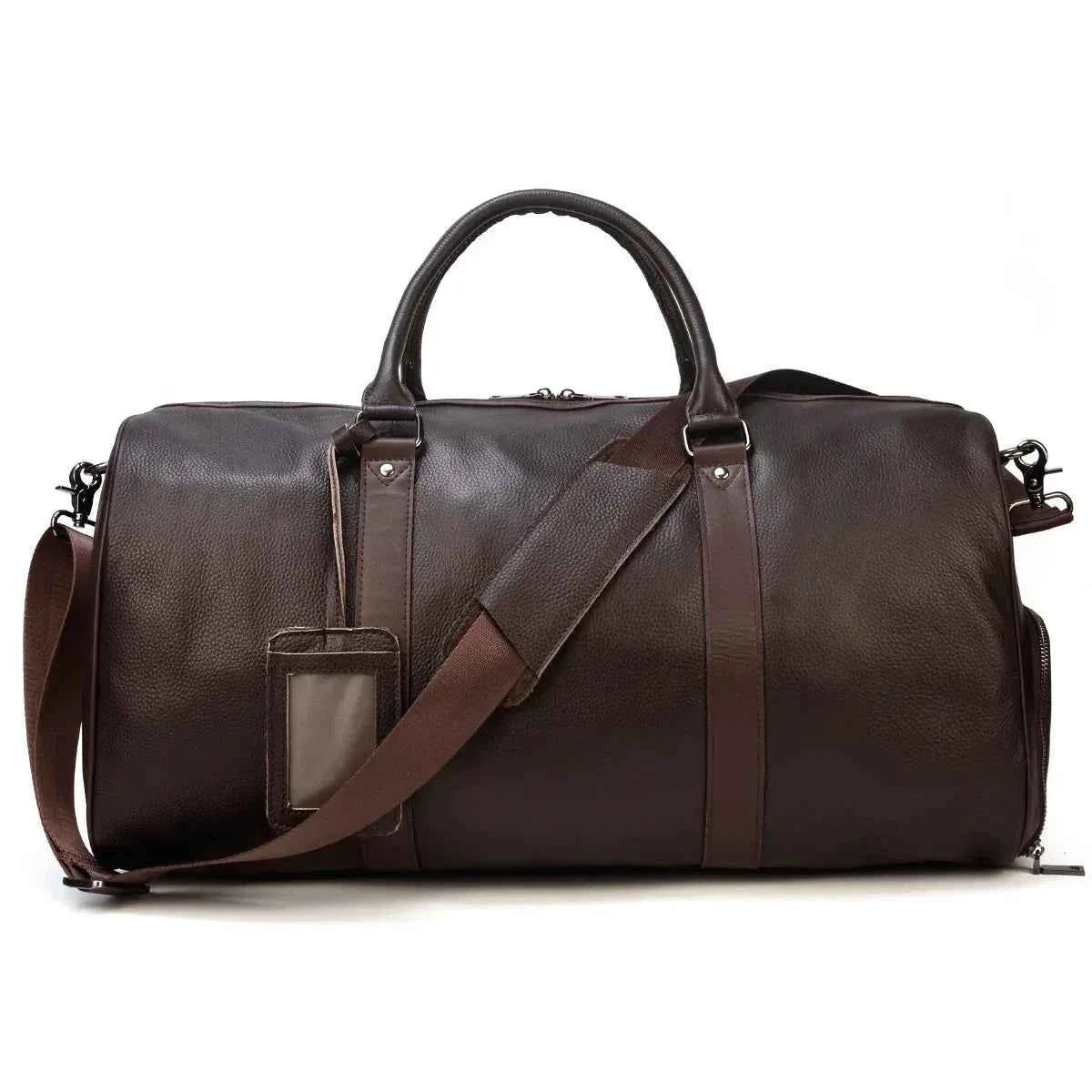 Leather business travel bag by Mead's Supply & Equipment Outfitters, black and bronze duffel with multiple compartments and sturdy handles.