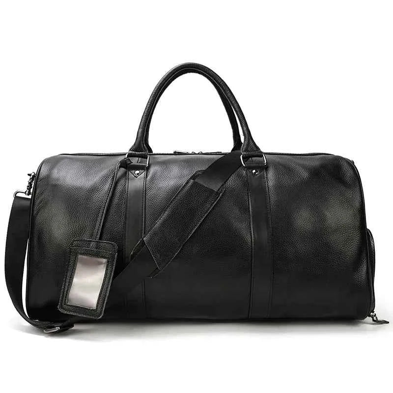 Leather business travel bag by Mead's Supply & Equipment Outfitters, black and bronze premium duffel with multiple compartments.