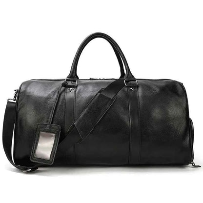 Leather business travel bag by Mead's Supply & Equipment Outfitters, black and bronze premium duffel with multiple compartments.